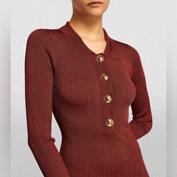 Elegant Brown Ribbed Knit Dress - Picture 2 of 9